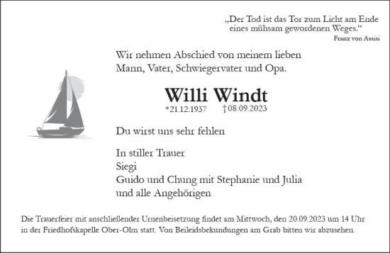 Traueranzeige von Willi Windt von Allgemeine Zeitung Mainz