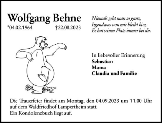 Traueranzeige von Wolfgang Behne von Starkenburger Echo