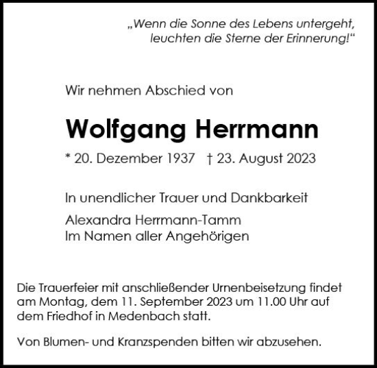 Traueranzeige von Wolfgang Herrmann von Wiesbadener Kurier