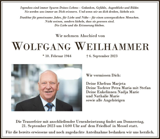 Traueranzeige von Wolfgang Weilhammer von Darmstädter Echo