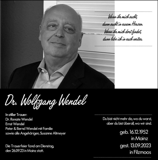 Traueranzeige von Wolfgang Wendel von Allgemeine Zeitung Mainz