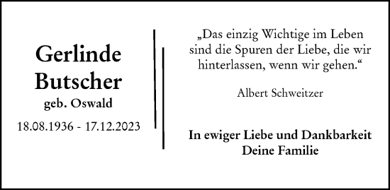 Traueranzeige von Gerlinde Butscher von Allgemeine Zeitung Mainz