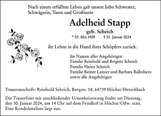 Traueranzeige von Adelheid Stapp von Odenwälder Echo