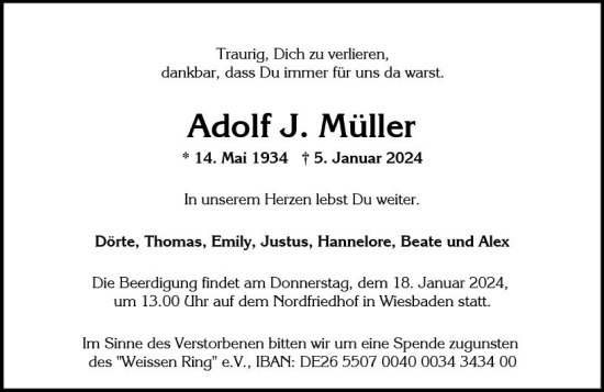 Traueranzeige von Adolf  Müller von Wiesbadener Kurier