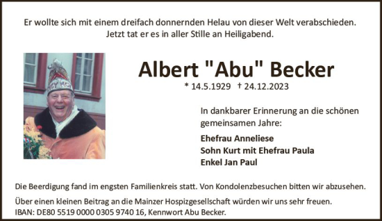 Traueranzeige von Albert  Becker von Allgemeine Zeitung Mainz