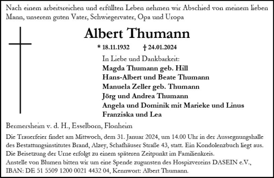 Traueranzeige von Albert Thumann von Allgemeine Zeitung Alzey