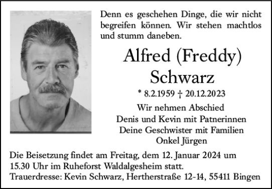 Traueranzeige von Alfred Schwarz von Binger-/Ingelheimer Wochenblatt