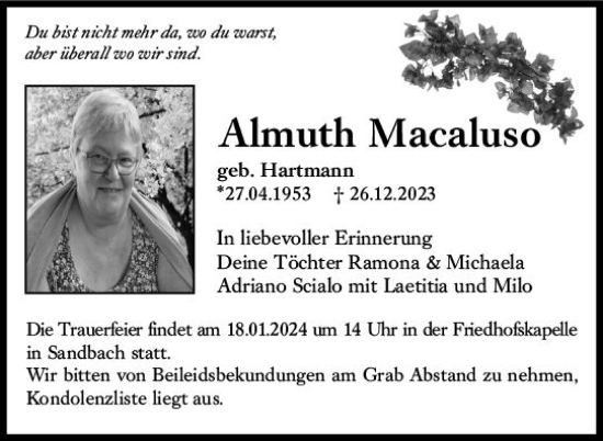 Traueranzeige von Almuth Macaluso von Odenwälder Echo
