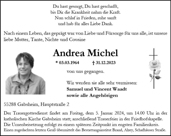 Traueranzeige von Andrea Michel von Allgemeine Zeitung Alzey