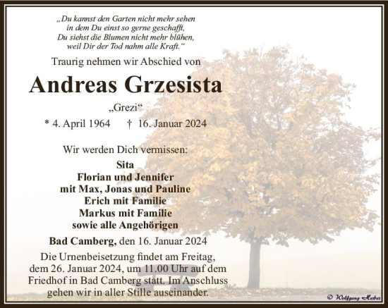 Traueranzeige von Andreas Grzesista von Camberger Anzeiger