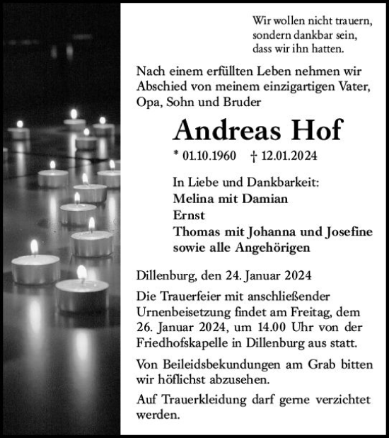 Traueranzeige von Andreas Hof von Dill Block
