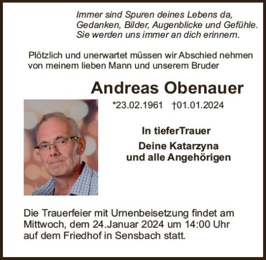 Traueranzeige von Andreas Obenauer von Odenwälder Echo