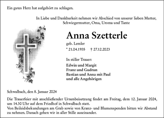 Traueranzeige von Anna Szetterle von Wetzlarer Neue Zeitung