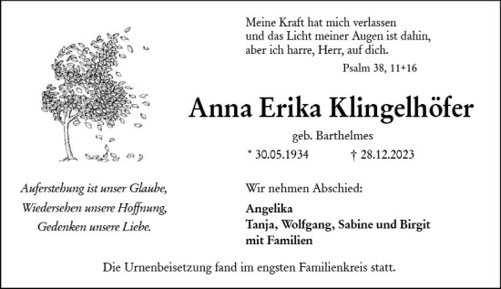 Traueranzeige von Anna Erika Klingelhöfer von Dill Block