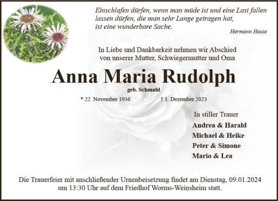 Traueranzeige von Anna Maria Rudolph von Wormser Zeitung