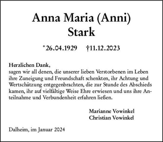 Traueranzeige von Anna Maria Stark von Allgemeine Zeitung Mainz