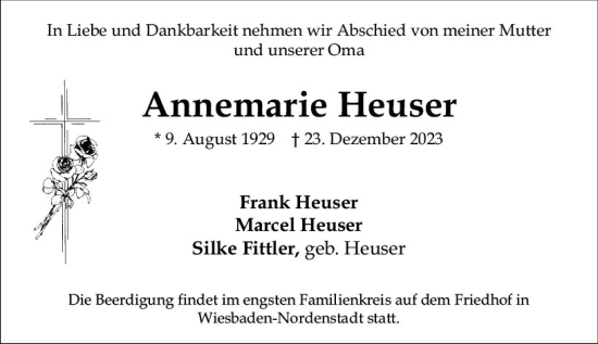 Traueranzeige von Annemarie Heuser von Wiesbadener Kurier
