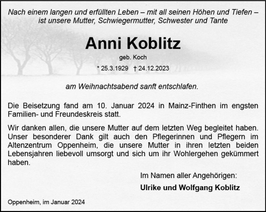 Traueranzeige von Anni Koblitz von Allgemeine Zeitung Mainz