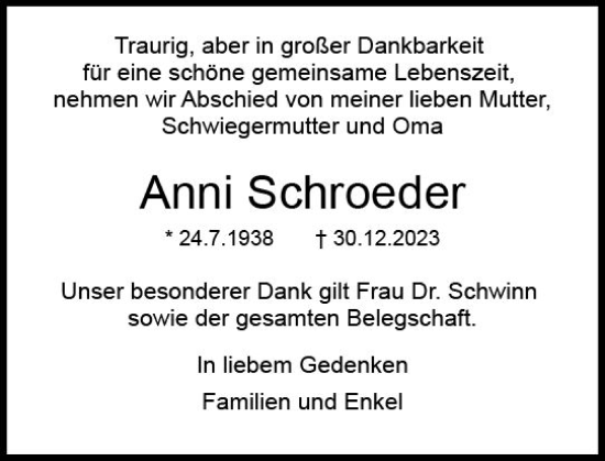 Traueranzeige von Anni Schroeder von Dieburger Anzeiger/Groß-Zimmerner Lokal-Anzeiger