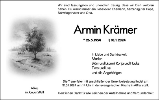 Traueranzeige von Armin Krämer von Wetzlarer Neue Zeitung