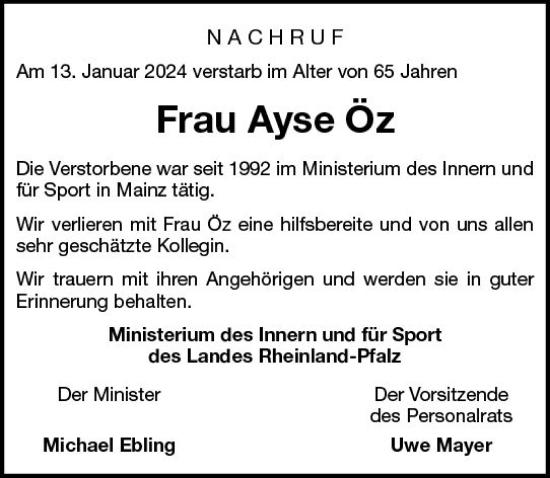 Traueranzeige von Ayse Öz von Allgemeine Zeitung Mainz