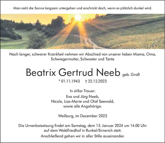 Traueranzeige von Beatrix Gertrud Neeb von Weilburger Tageblatt