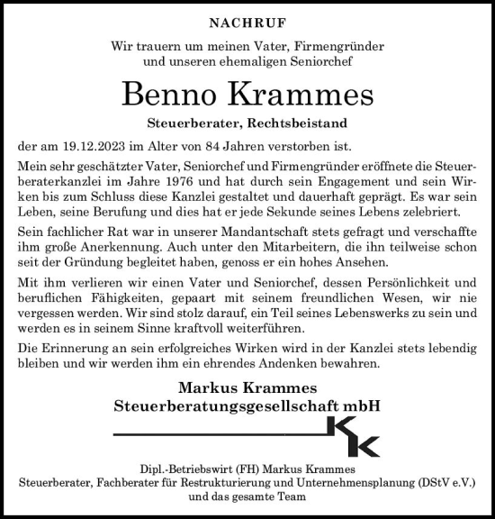 Traueranzeige von Benno Krammes von Allgemeine Zeitung Bad Kreuznach