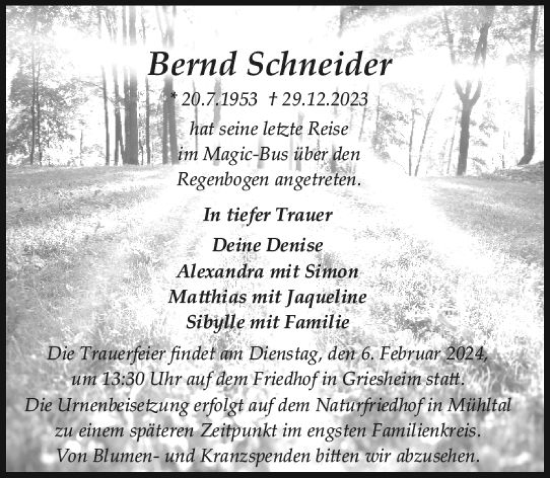 Traueranzeige von Bernd Schneider von Darmstädter Echo