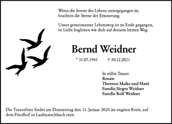 Traueranzeige von Bernd Weidner von Weilburger Tageblatt