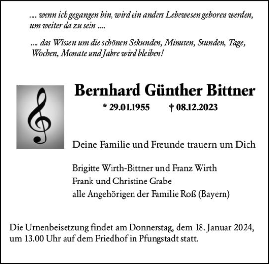 Traueranzeige von Bernhard Günther Bittner von Darmstädter Echo
