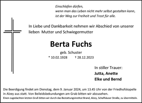 Traueranzeige von Berta Fuchs von Allgemeine Zeitung Alzey