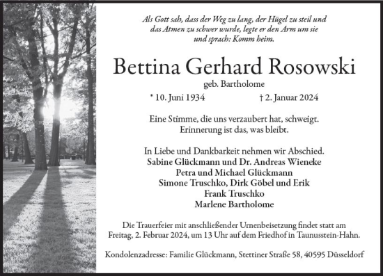Traueranzeige von Bettina Gerhard Gerhard Rosowski von Wiesbadener Kurier