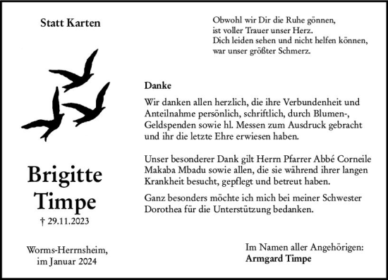 Traueranzeige von Brigitte Timpe von Wormser Zeitung