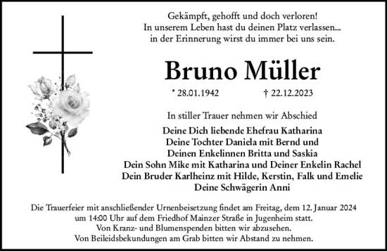 Traueranzeige von Bruno Müller von Allgemeine Zeitung Mainz