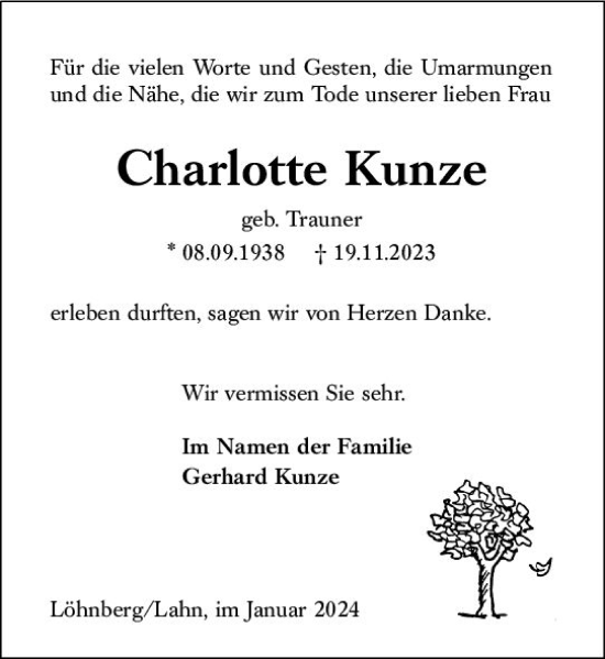 Traueranzeige von Charlotte Kunze von Weilburger Tageblatt