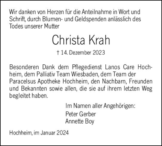 Traueranzeige von Christa Krah von Hochheimer Zeitung