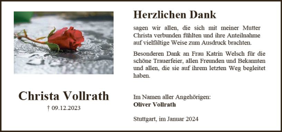 Traueranzeige von Christa Vollrath von Allgemeine Zeitung Mainz