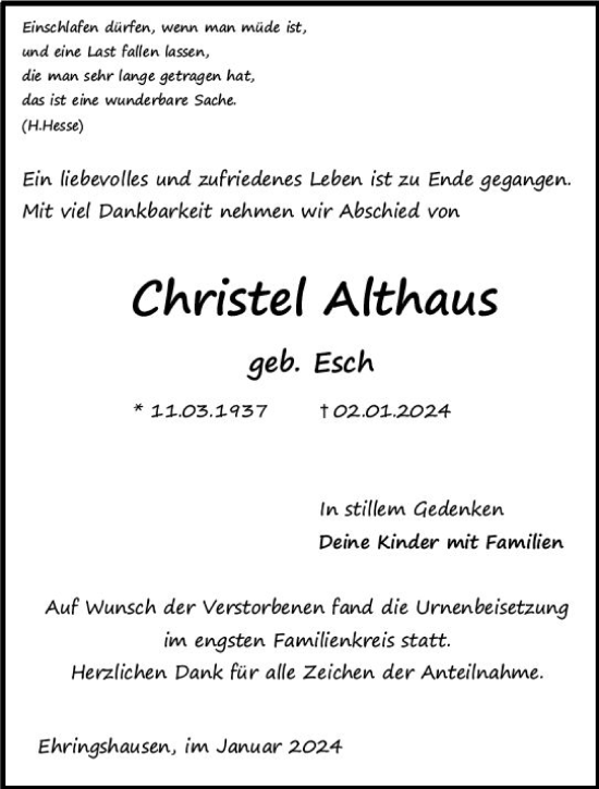 Traueranzeige von Christel Althaus von Wetzlarer Neue Zeitung