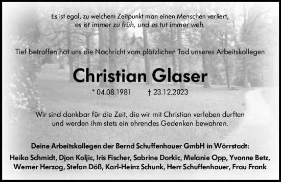 Traueranzeige von Christian Glaser von Allgemeine Zeitung Alzey