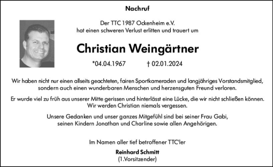 Traueranzeige von Christian Weingärtner von Allgemeine Zeitung Bingen/Ingelheim