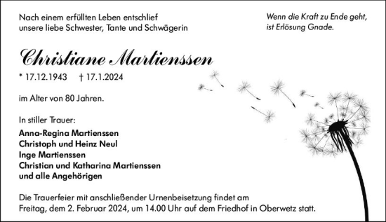 Traueranzeige von Christiane Martienssen von Wetzlarer Neue Zeitung