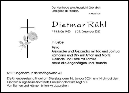 Traueranzeige von Dietmar Rühl von Allgemeine Zeitung Bingen/Ingelheim