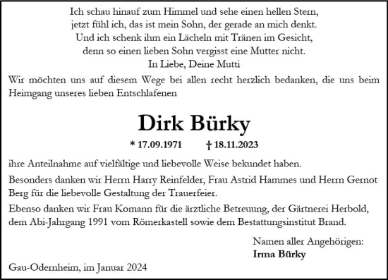 Traueranzeige von Dirk Bürky von Allgemeine Zeitung Alzey