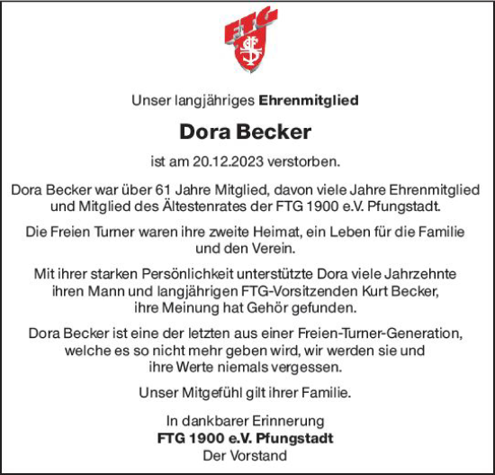Traueranzeige von Dora Becker von Darmstädter Echo