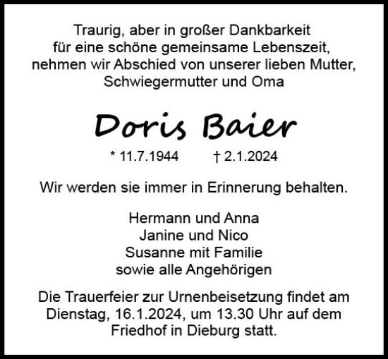 Traueranzeige von Doris Baier von Dieburger Anzeiger/Groß-Zimmerner Lokal-Anzeiger