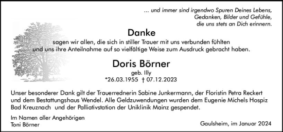 Traueranzeige von Doris Börner von Allgemeine Zeitung Bingen/Ingelheim