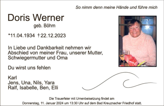 Traueranzeige von Doris Werner von Allgemeine Zeitung Bad Kreuznach
