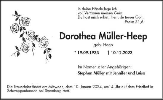 Traueranzeige von Dorothea Müller-Heep von Allgemeine Zeitung Mainz