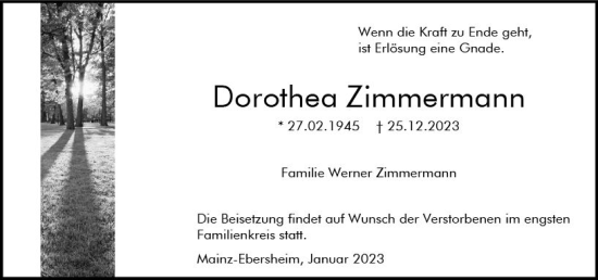 Traueranzeige von Dorothea Zimmermann von Allgemeine Zeitung Mainz
