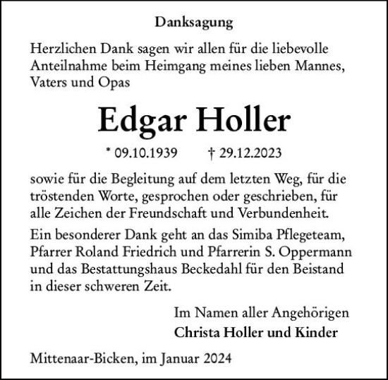 Traueranzeige von Edgar Holler von Dill Block